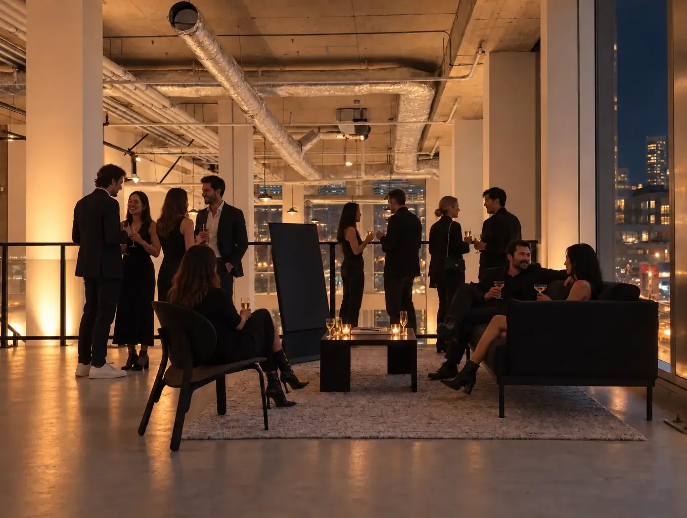 AI rendering of the upstairs lounge: guests on a black sofa by the windows at night