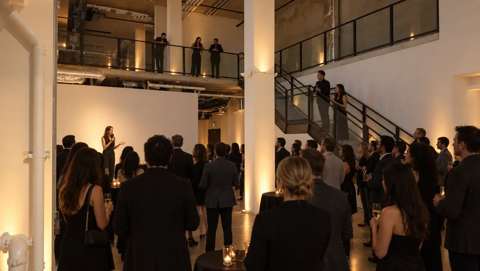 AI rendering of a speaker in the white photo cove, guests standing around her