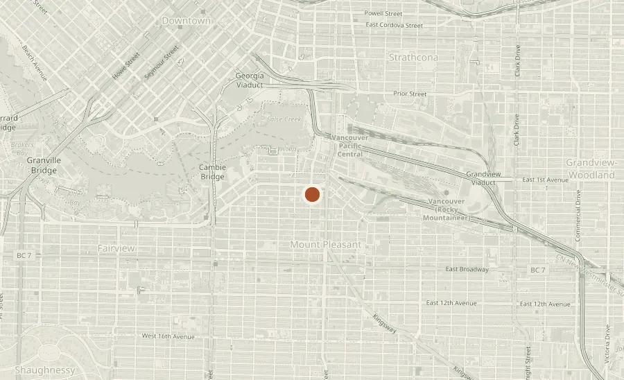 Map of central Vancouver with a pin on Another Studios in Mount Pleasant, just south of False Creek and east of Cambie Bridge